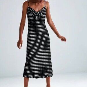 Zara Black Polka Dot Spaghetti Strap Cowl Neck Midi Dress Size Small
